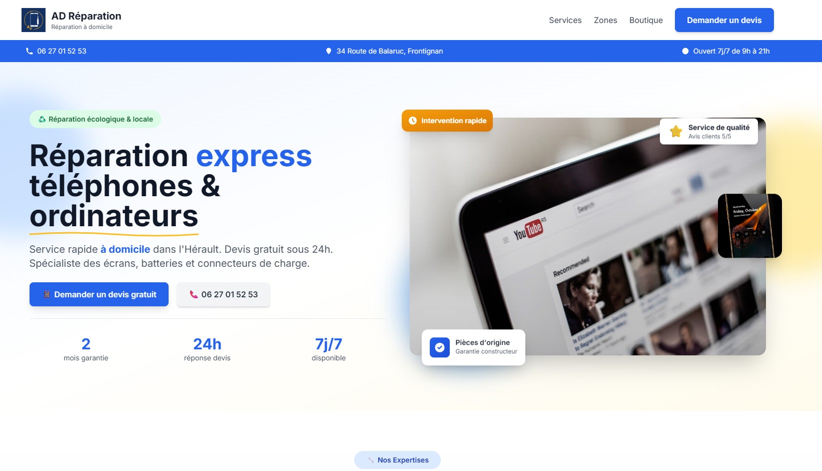 Capture d'écran du site AD Réparation