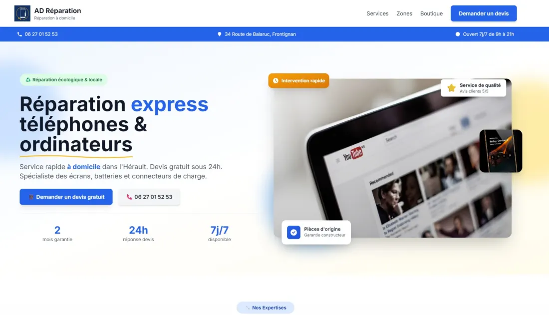 Capture d'écran du site AD Réparation